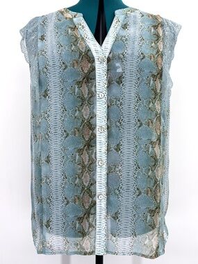 ESQUALO Light Blue Snake-Print Sheer Lace Detail Button Front Blouse, 8